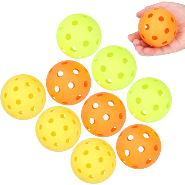 9-delad pickleball-set, (gul/orange/grön) inomhus/utomhus polyeten picklebollar med 72 mm 26 precisionsstansade hål för hållbarhet och konsekvent studs.