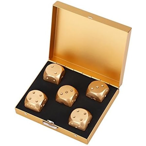 Box med 5 guld-aluminium speltärningar - fyrkantig låda, lätt sex