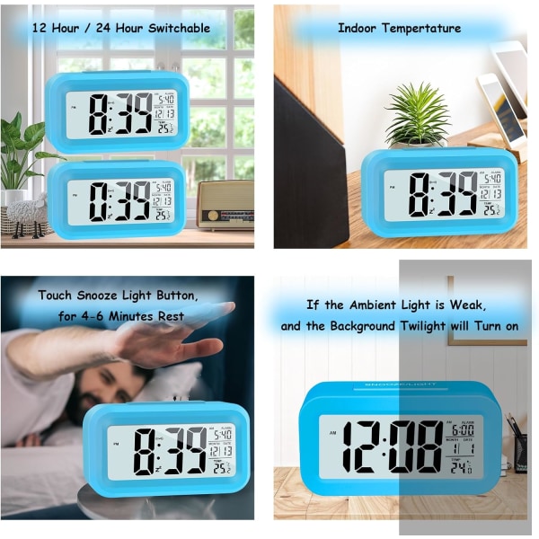 (Blå) LCD Digital Väckarklocka, Smart Digital Väckarklocka med Te