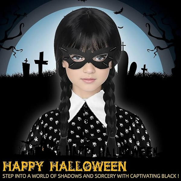 Wednesday Addams peruk för barn kvinnor, Addams svart lång flätad
