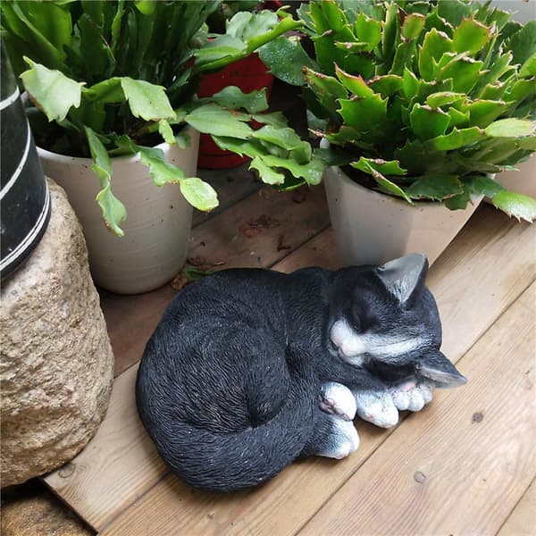 svart Trädgårdsstaty Katt Skulptur Realistisk Form Härligt Sovande