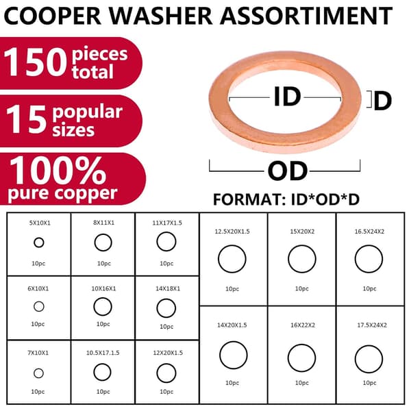 150 st 15 specifikationer packningar tätningsring, kopparbrickor sortiment
