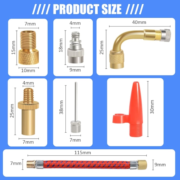 Cykelpumpventil Adaptrar (12 st) Kopplingar, Ventiladapter Cykelventil till Bilventil SV AV DV Bollar Nålboll