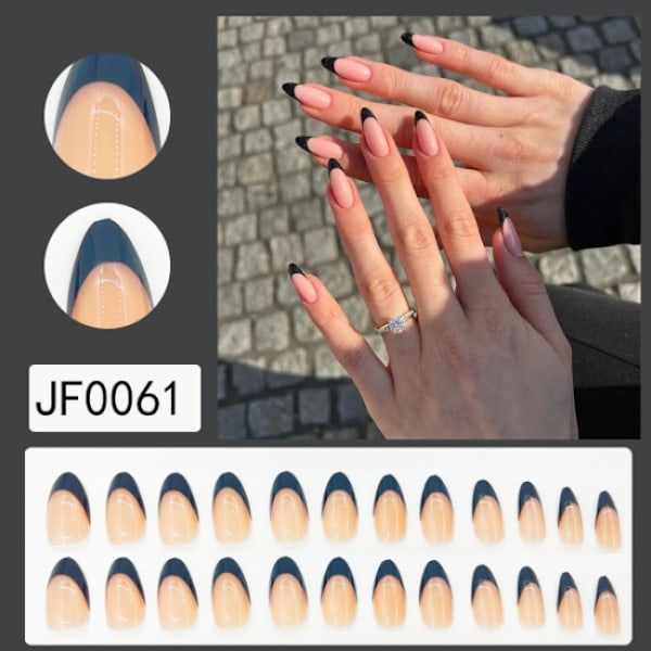 24 stk. Almond falske negle korte, sorte glitter franske tryk