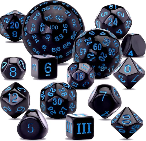 15 stk. polyhedral terningesæt, sort og blå, polyhedral terningesæt til DND RPG