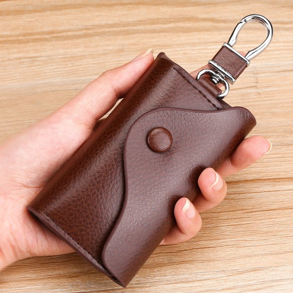 Læder nøgleholder (brun), pung, læder nøgleholder, læder nøgleholder pung med bilnøgleholder, seks kroge etui med kortholder