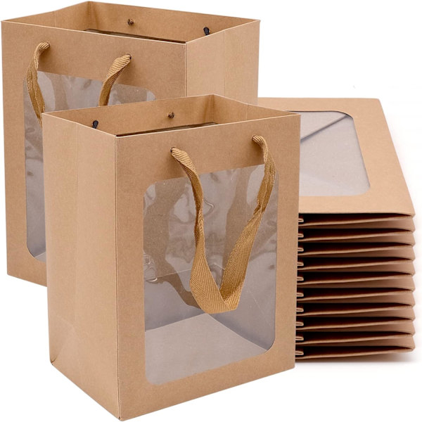 12-pakning Papirposer Gaveposer Brun Kraftpapirposer med Vindu
