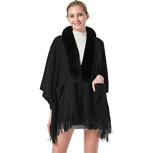 1 stk. Poncho Sjal (Sort) Dame Vinter Elegant Sweater Cape Lommer Poncho Frynser Åben Varm Poncho Cape Varm Strikkede Ponchoer Sjal