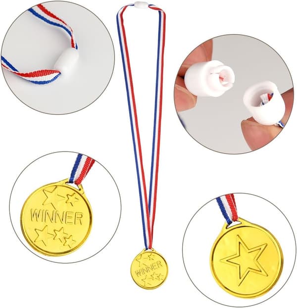 36 stk. vinnermedaljer for barn, plastgullmedaljer, sølvmedaljer og bronsemedaljer