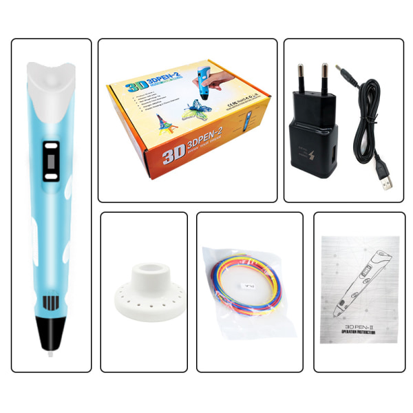 Blå Smart 3D-pen med LED-skærm, med USB-opladning, 30 farver P