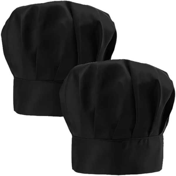 2 kpl Elastic Chef Hat - musta, säädettävä kokinhattu puuvillaa Pol