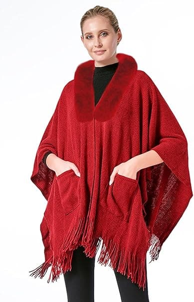 1 stk Poncho Sjal (Rød) Dame Vinter Elegant Genser Cape Lomme