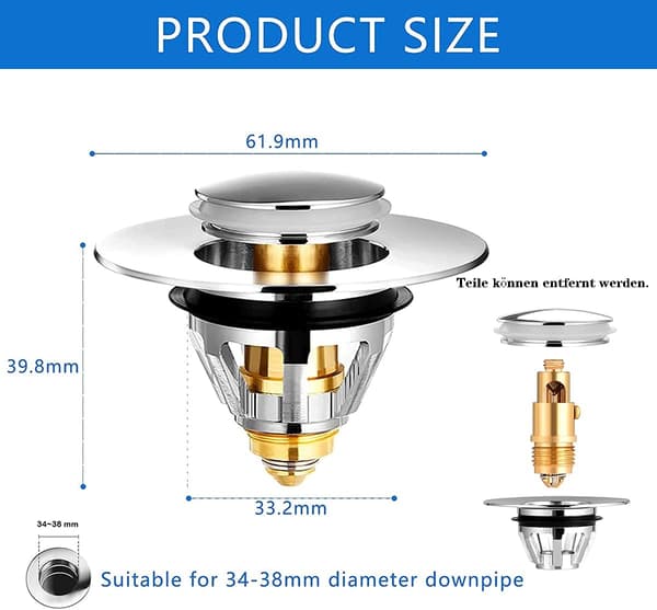 1-delad handfattsavlopp - [rostfritt stål + massivt mässing, för 34-38 mm