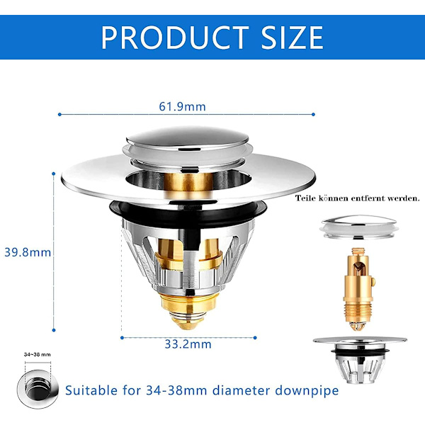 1 stk. servantvaskavløp - [rustfritt stål + messing, for 34-38 mm