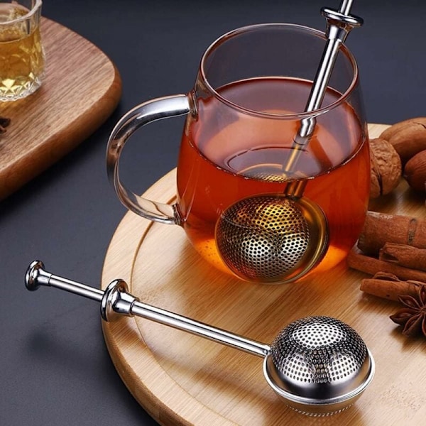 Sett med 2 teballer i rustfritt stål med trykknapp, uttrekkbar teinfuser