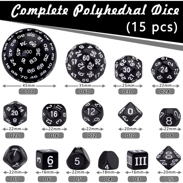 15-osainen polyhedraalinen noppasetti, mustavalkoinen, polyhedraalinen noppasetti DND RPG:lle