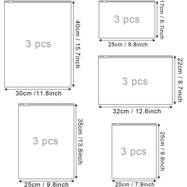 15 stk. rejseopbevaringsposer (5 størrelser)