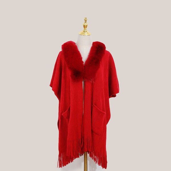 1 kpl Poncho Shawl (Punainen) Naiset Talvi Elegantti Neuletakki Viitta Tasku