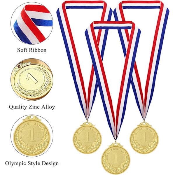 Lasten mitalit, 12 kappaletta olympiatyyliset kultaiset metalliset mitalit nauhoilla