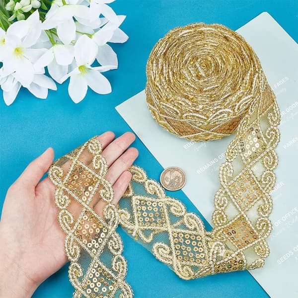 10m 5mm Guld Sequin Blonder Mesh Trim Blonder Syning Håndværk Tilbehør til
