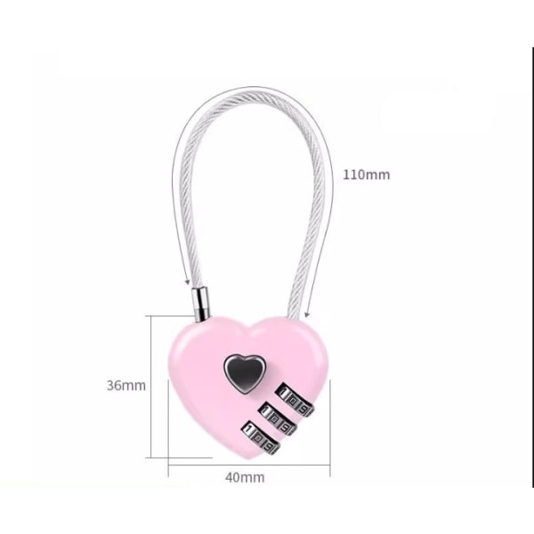 （Pink）Hjerteformet hængelås, mini 3-cifret kodelås, med Love Hea pink