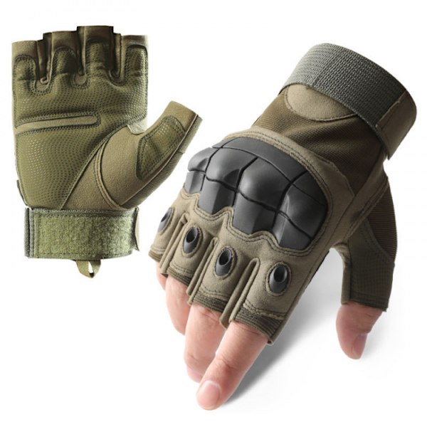 (M, Army Green) Ledbeskyttende Handsker, Halv Finger Hård Gummi