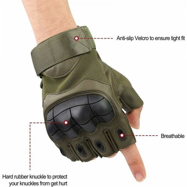 (L, Army Green) Ledskyddshandskar, Halvfinger Hårdgummi