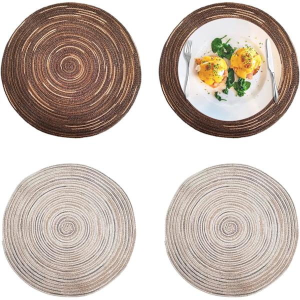 4 stk runde bomullsplassmatter, runde bomullsduker sklisikre flettede varmebestandige plassmatter, for spisebord, bar, stue (kaffefarge, grå)