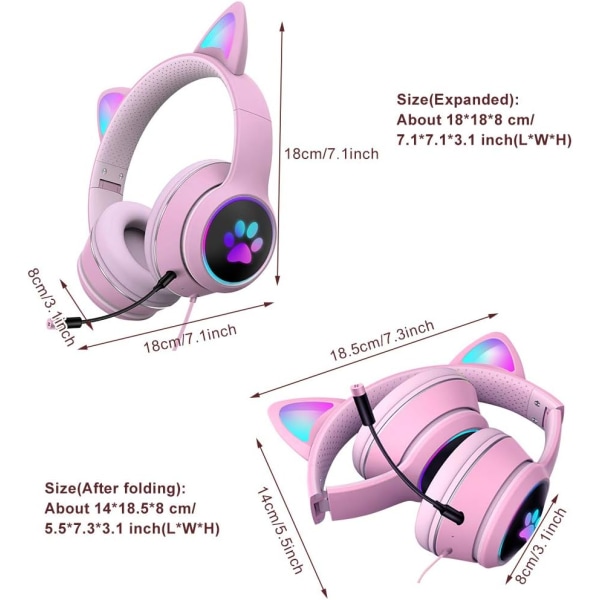 (Pink Grey) LED Light Headphones with Microphone Foldable Cat Ear