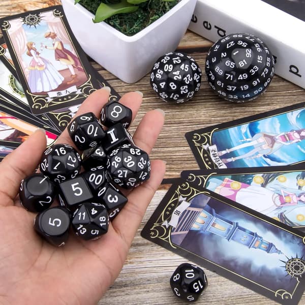 15-delt polyhedral terningsett, svart og hvitt, polyhedral terningsett for DND RPG