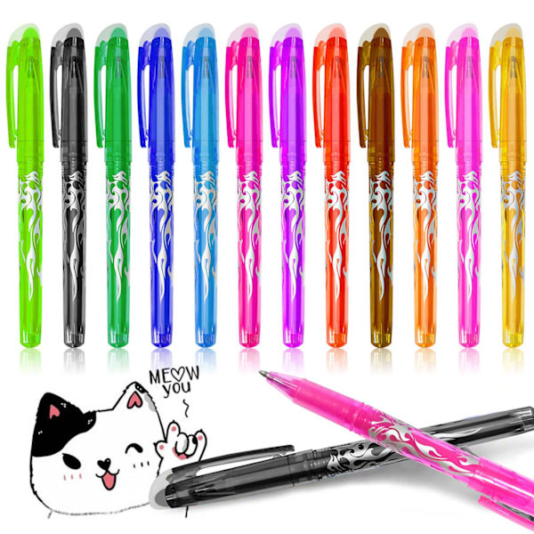 12 farver sletbare kuglepenne (0,7 mm), sletbare rollerball pen, sletbar gelblækpen, kuglepenne med viskelæder til børn, voksne, skole, kontor, kontorartikler