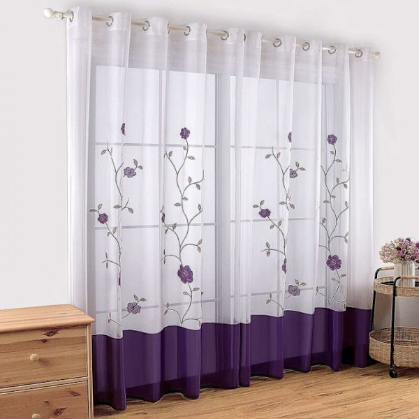 Sæt med 2 140cmx245cm, lilla øjenlåg gardiner Sheers Floral Embroi