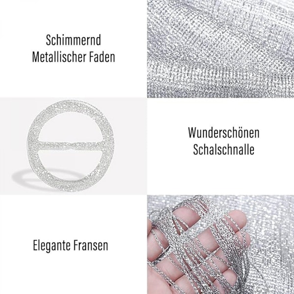 (Sølv) Paljettsjal Skjerf for Kvinner Glitrende Metallisk Håndkle med Skjerf Spenne Elegant Myk Wrap Stoff med Dusker Egnet for Bryllup, Brudepike, Aftenkjole, Fest, Graduering, Ball