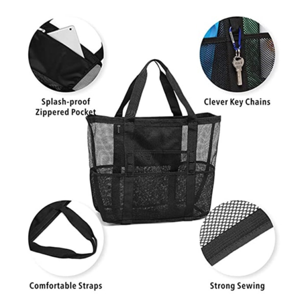 (42X38X20 cm, sort) Mesh Strandtaske Vandtæt og Sandproof Håndtaske Foldbar 9 Lommer