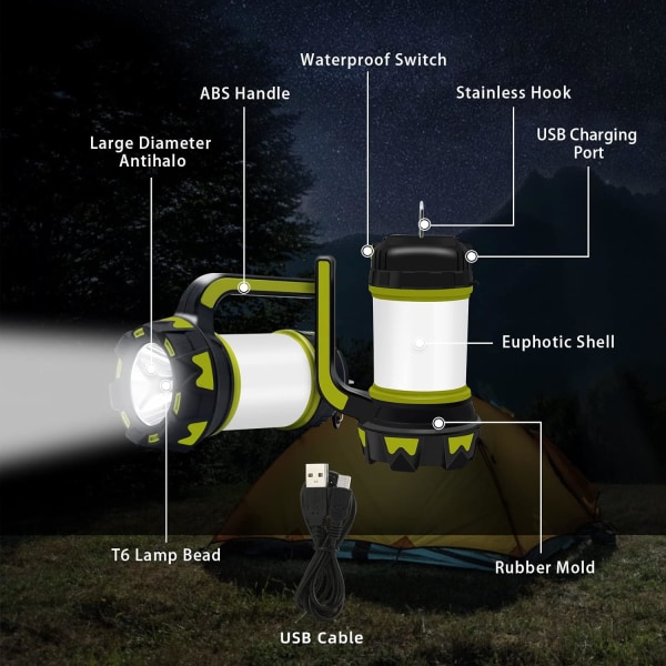 Genopladelig LED Camping Lanterne Håndholdt Lommelygte 6 Tilstande Telt