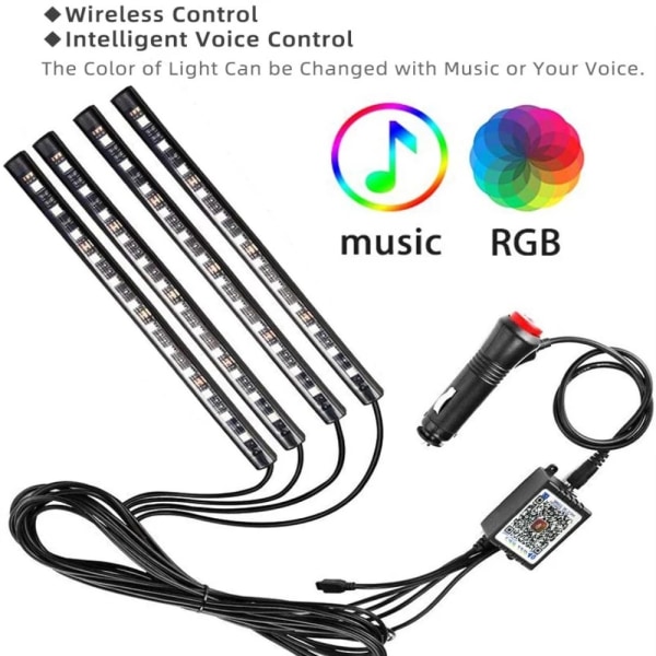 Bilens inre belysning Biltillbehör Bil LED-lampor App-kontroll med fjärrkontroll Musiksynkronisering RGB Färgförändring Under instrumentpanel Bilbelysning med 12V 2A Billaddare LED för bil USB-laddning (RGB)