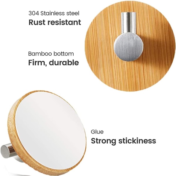 4 st bambu väggkrokar, bambu rostfritt stål krokar, bambu självhäftande krok, ingen borrning självhäftande handdukskrokar för badrum, toalett, kök (silver)