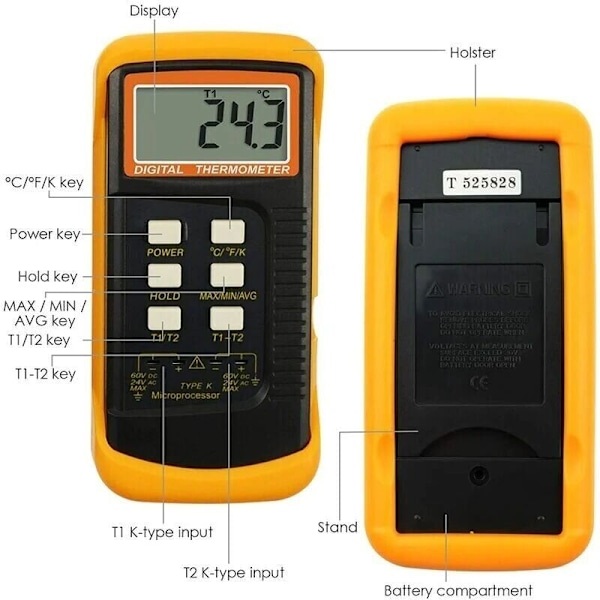 Typ K-termometer med 700°C termoelementsensor (°C, °F och K w