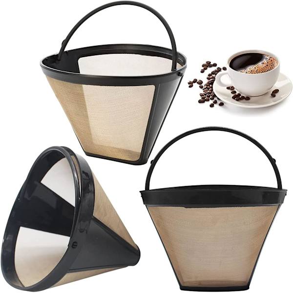 Sett med 3 kaffefiltre, gjenbrukbare permanente kaffefiltre, gullfarget rustfritt stål, konisk stil for tefiltrering