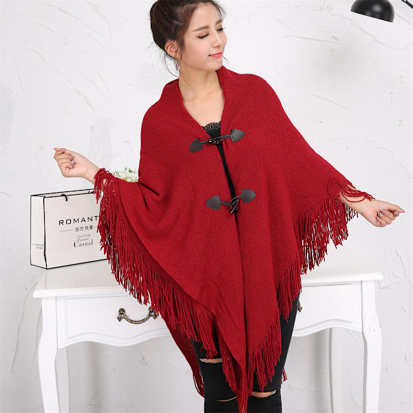 Elegant varm dam poncho sjal (röd) öppen fram med fransad knapp för höst vinter