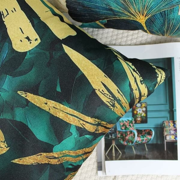 Set om 4 kuddfodral 45 x 45 cm, Teal och guld bladmönster, 1