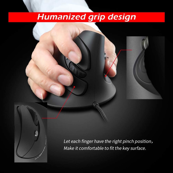 Ergonomisk mus, 3200 DPI, 6 knapper USB-kablet mus, lodret mus, optisk mus, pc-mus med kabel, kablet mus til pc, mac, sort