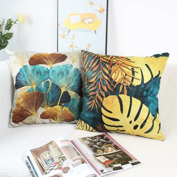 Set om 4 kuddfodral 45 x 45 cm, Teal och guld bladmönster, 1