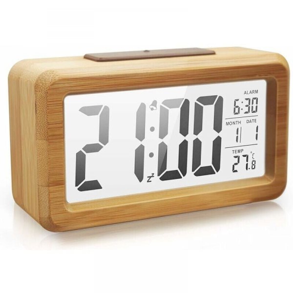 Trä Digital Väckarklocka, Stor LED-Skärm, Smart Sensor Nattlampa, Sn