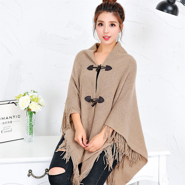 Elegant varm dam poncho sjal (Khaki) öppen fram med fransar