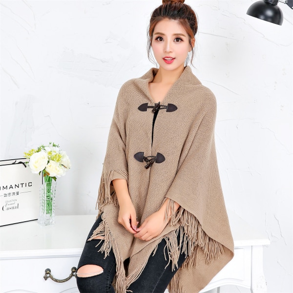 Elegant varm damesjal Poncho (khaki) åben front med frynser