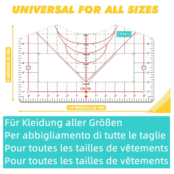 1 x T-skjorte linjal vinyl justeringsguide, linjal for designsentre