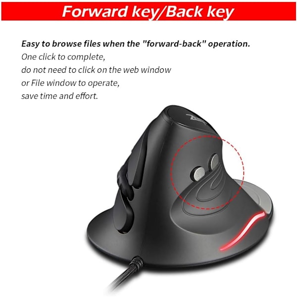 Ergonomisk mus, 3200 DPI, 6 knapper USB kablet mus, vertikal mus, optisk mus, PC-mus med kabel, kablet mus for PC, Mac, svart
