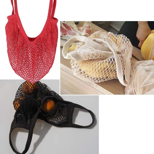3 stk (svart + beige + rød) bomull handleposer mesh handlepose