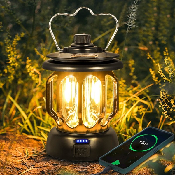 Svart LED Camping Lampa USB Uppladdningsbar Vintage Dimbar Varm Whi